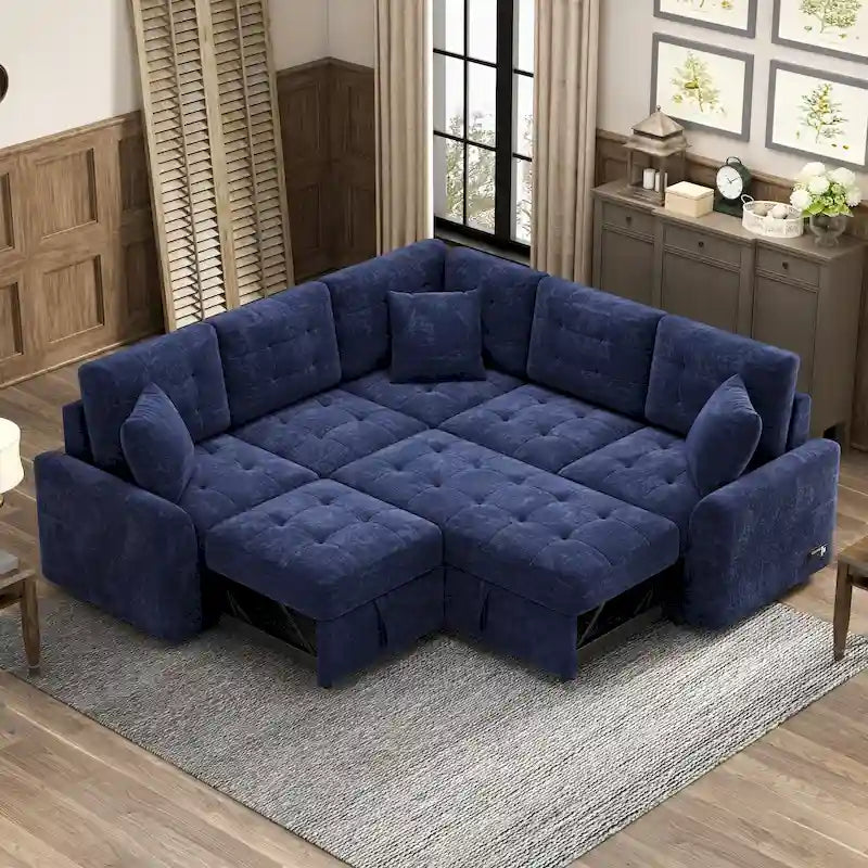 Divano componibile a L in velluto blu navy 82,6 con funzione letto e porte USB