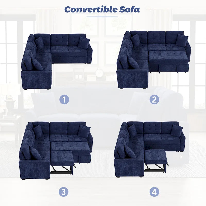 Divano componibile a L in velluto blu navy 82,6 con funzione letto e porte USB
