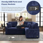 Divano componibile a L in velluto blu navy 82,6 con funzione letto e porte USB
