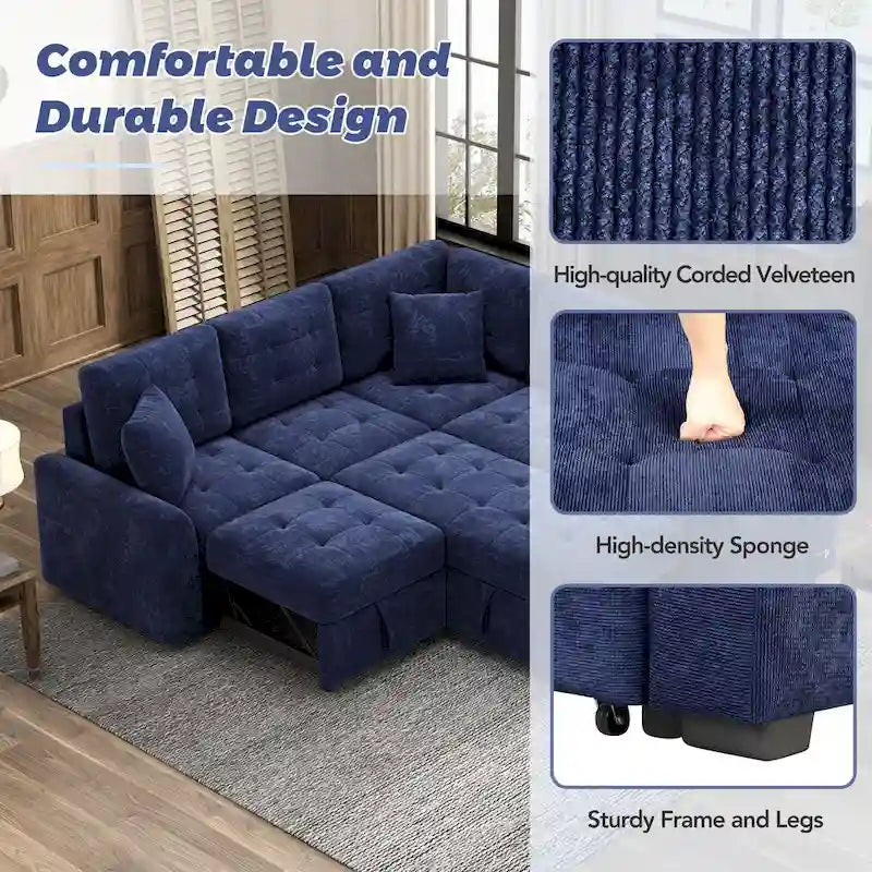 Divano componibile a L in velluto blu navy 82,6 con funzione letto e porte USB