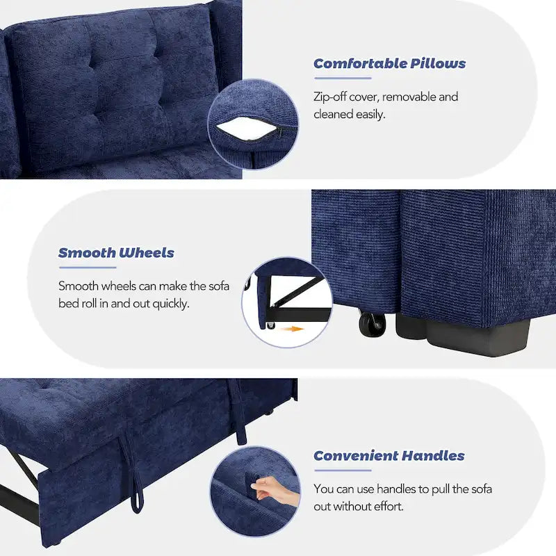 Divano componibile a L in velluto blu navy 82,6 con funzione letto e porte USB