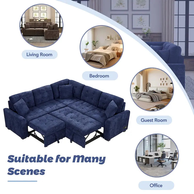 Divano componibile a L in velluto blu navy 82,6 con funzione letto e porte USB
