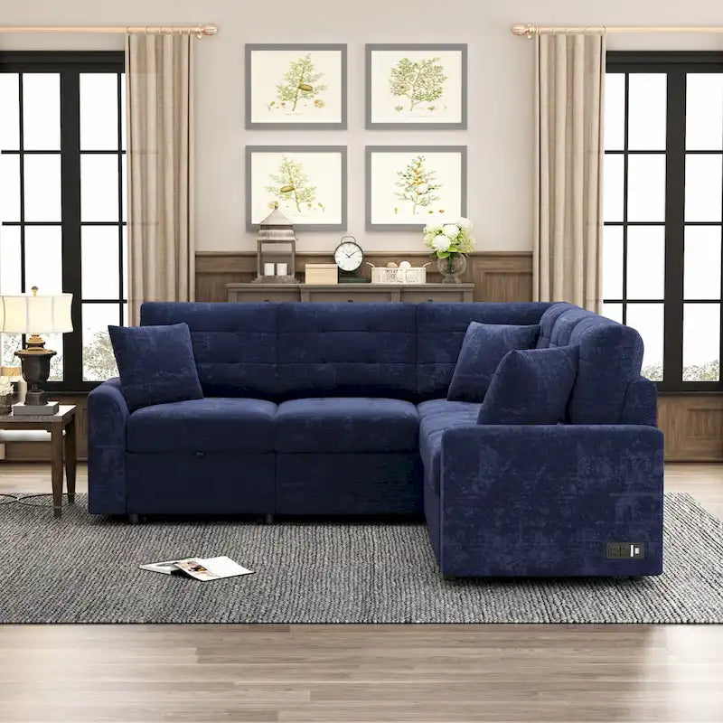 Divano componibile a L in velluto blu navy 82,6 con funzione letto e porte USB