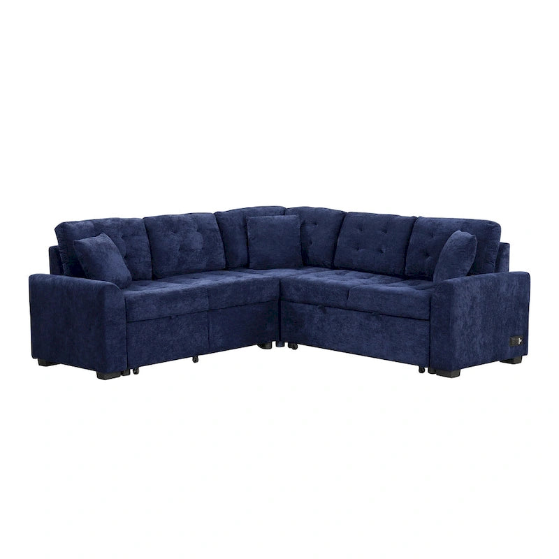 Divano componibile a L in velluto blu navy 82,6 con funzione letto e porte USB