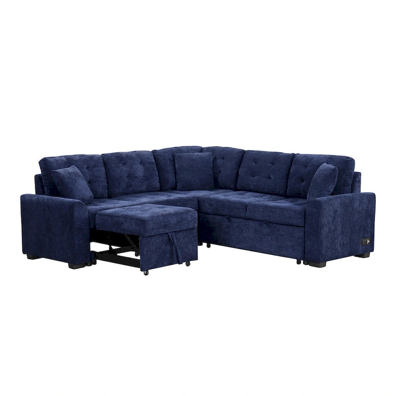 Divano componibile a L in velluto blu navy 82,6 con funzione letto e porte USB