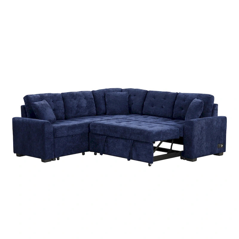 Divano componibile a L in velluto blu navy 82,6 con funzione letto e porte USB