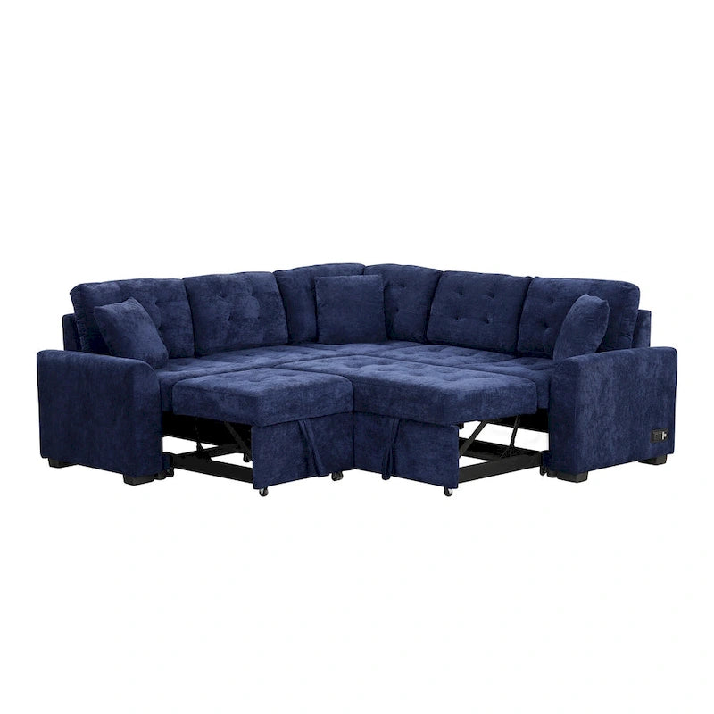 Divano componibile a L in velluto blu navy 82,6 con funzione letto e porte USB