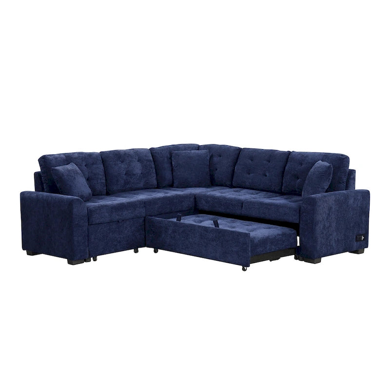 Divano componibile a L in velluto blu navy 82,6 con funzione letto e porte USB