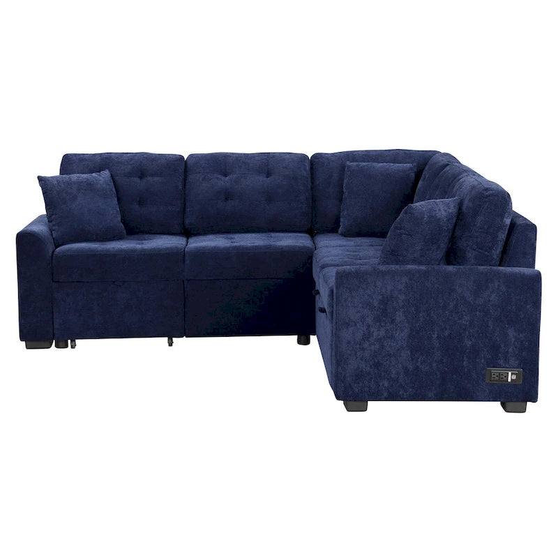 Divano componibile a L in velluto blu navy 82,6 con funzione letto e porte USB