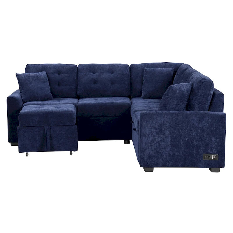 Divano componibile a L in velluto blu navy 82,6 con funzione letto e porte USB