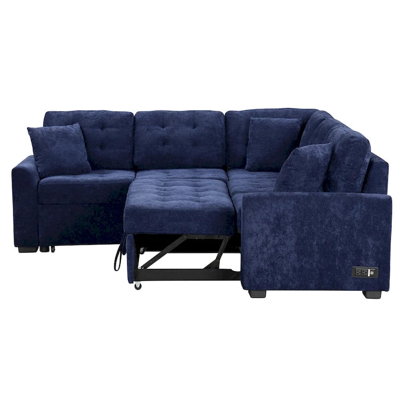 Divano componibile a L in velluto blu navy 82,6 con funzione letto e porte USB