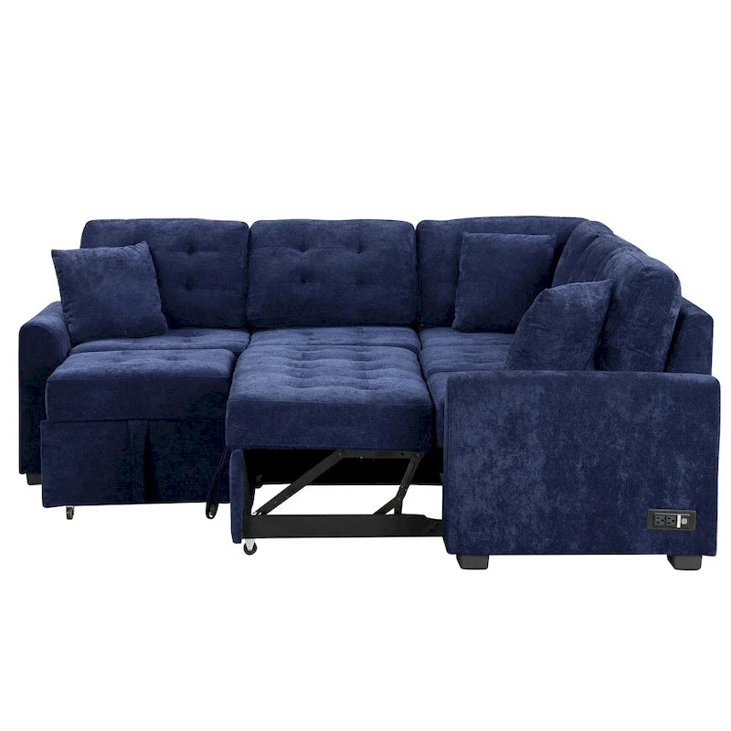 Divano componibile a L in velluto blu navy 82,6 con funzione letto e porte USB