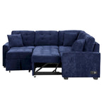 Divano componibile a L in velluto blu navy 82,6 con funzione letto e porte USB