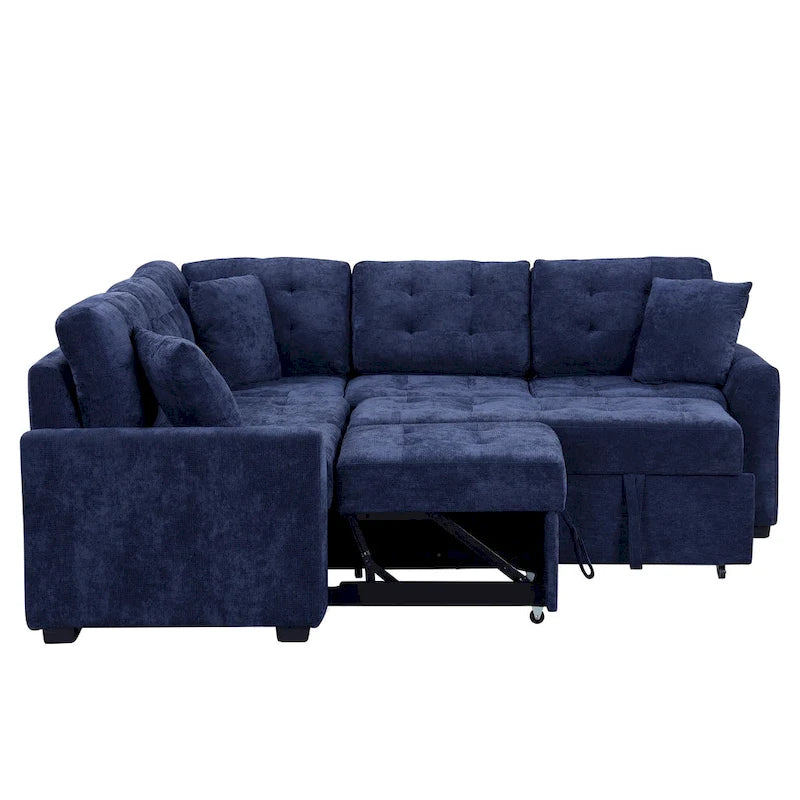 Divano componibile a L in velluto blu navy 82,6 con funzione letto e porte USB