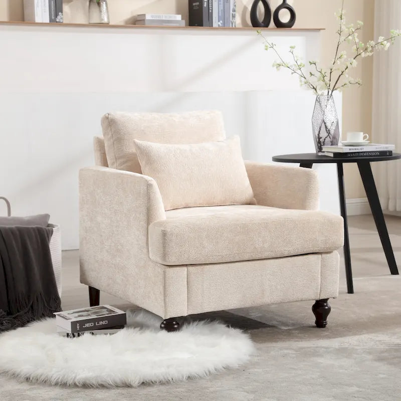Poltrona imbottita in ciniglia beige da 29,53 pollici con struttura e cuscini in legno massello