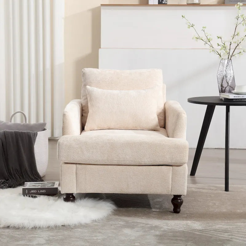 Poltrona imbottita in ciniglia beige da 29,53 pollici con struttura e cuscini in legno massello