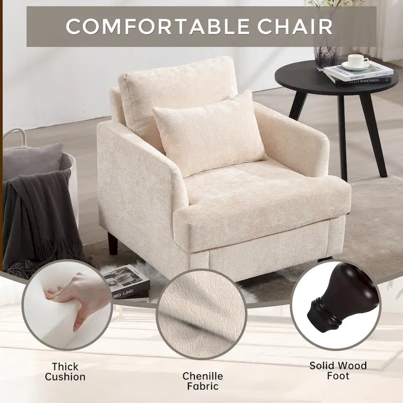 Poltrona imbottita in ciniglia beige da 29,53 pollici con struttura e cuscini in legno massello