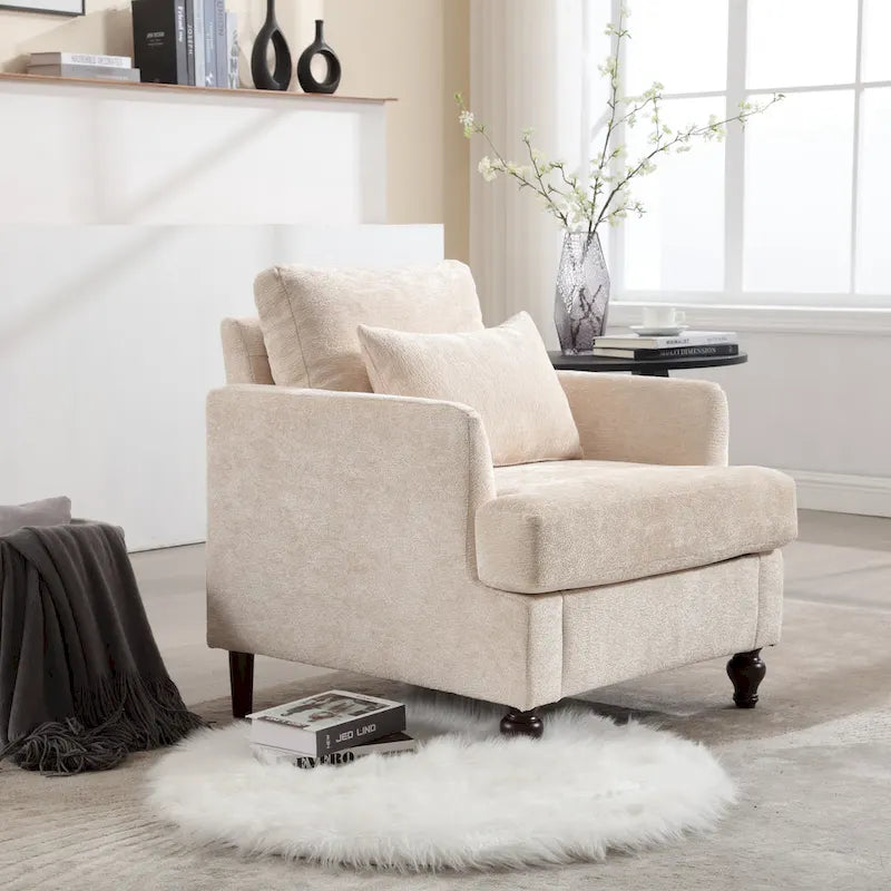 Poltrona imbottita in ciniglia beige da 29,53 pollici con struttura e cuscini in legno massello
