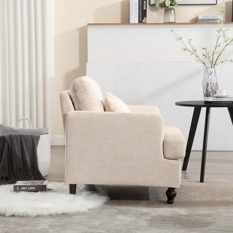 Poltrona imbottita in ciniglia beige da 29,53 pollici con struttura e cuscini in legno massello