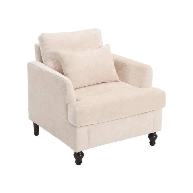 Poltrona imbottita in ciniglia beige da 29,53 pollici con struttura e cuscini in legno massello
