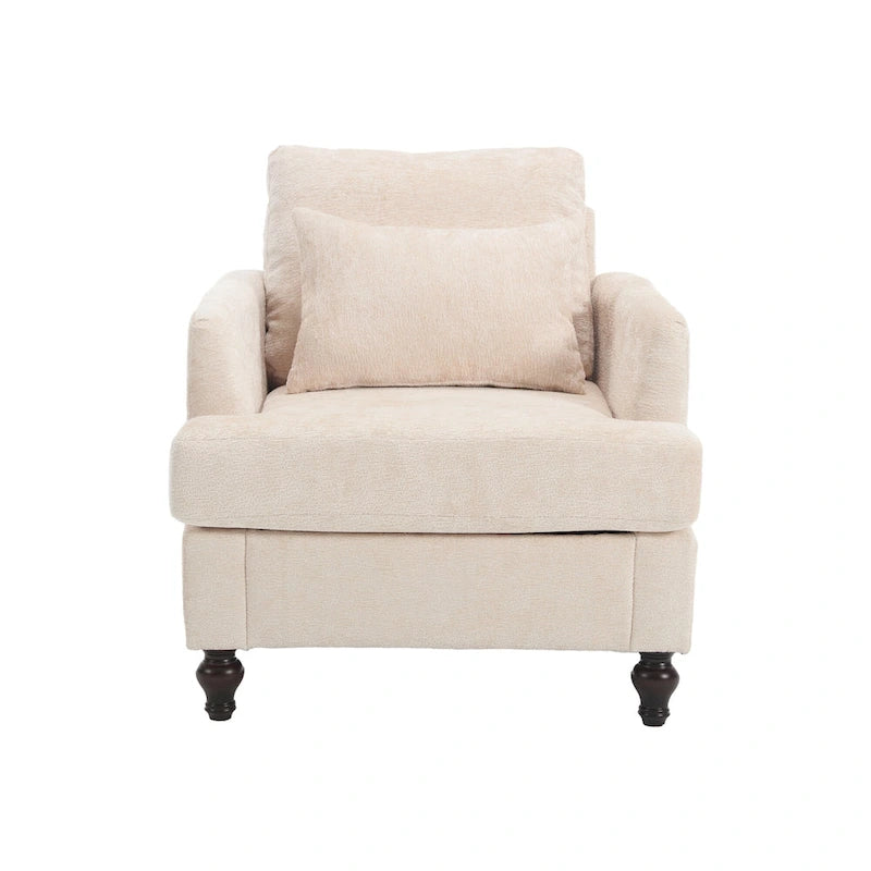 Poltrona imbottita in ciniglia beige da 29,53 pollici con struttura e cuscini in legno massello