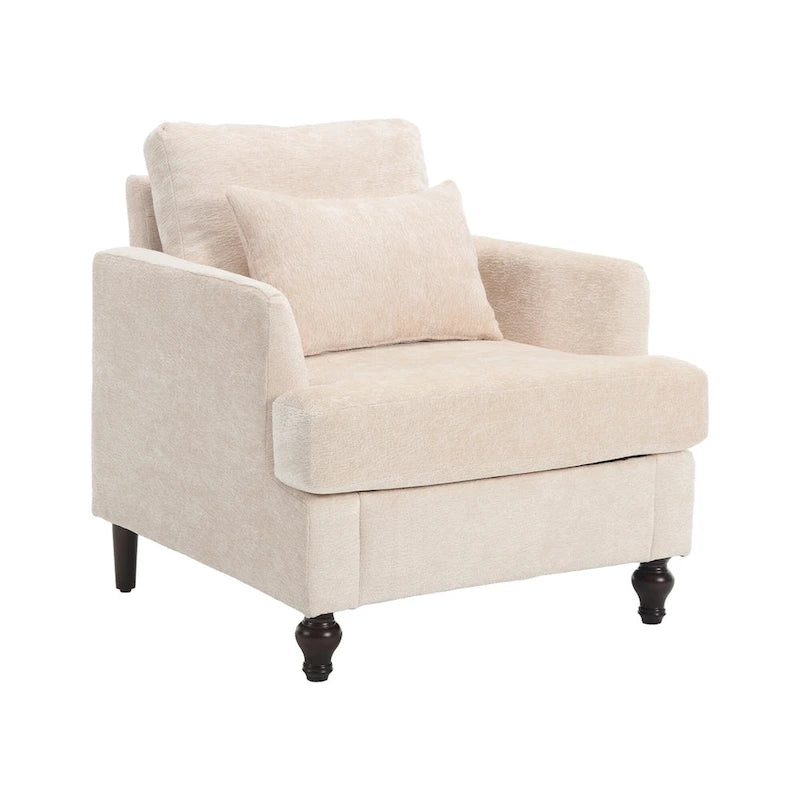 Poltrona imbottita in ciniglia beige da 29,53 pollici con struttura e cuscini in legno massello
