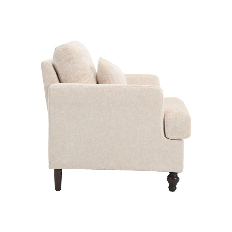 Poltrona imbottita in ciniglia beige da 29,53 pollici con struttura e cuscini in legno massello