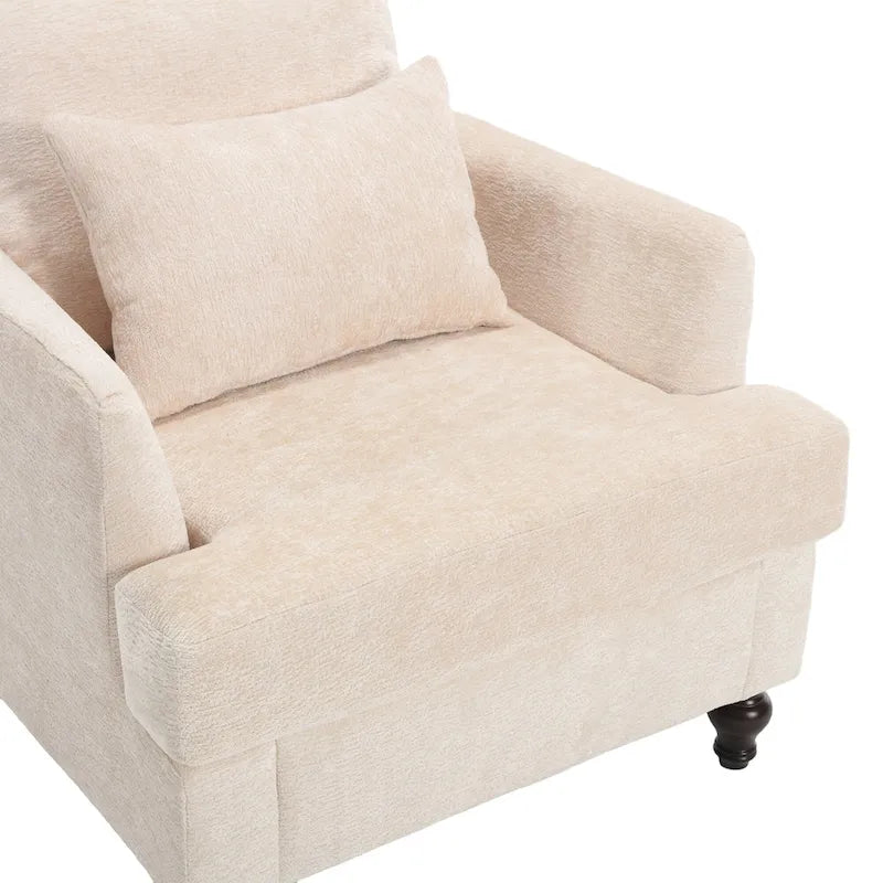 Poltrona imbottita in ciniglia beige da 29,53 pollici con struttura e cuscini in legno massello