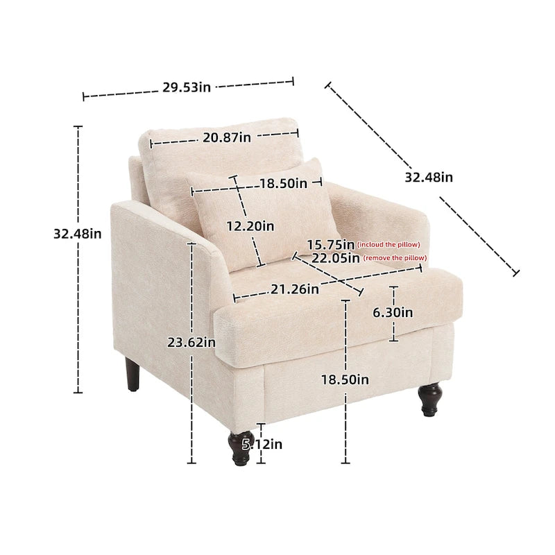 Poltrona imbottita in ciniglia beige da 29,53 pollici con struttura e cuscini in legno massello