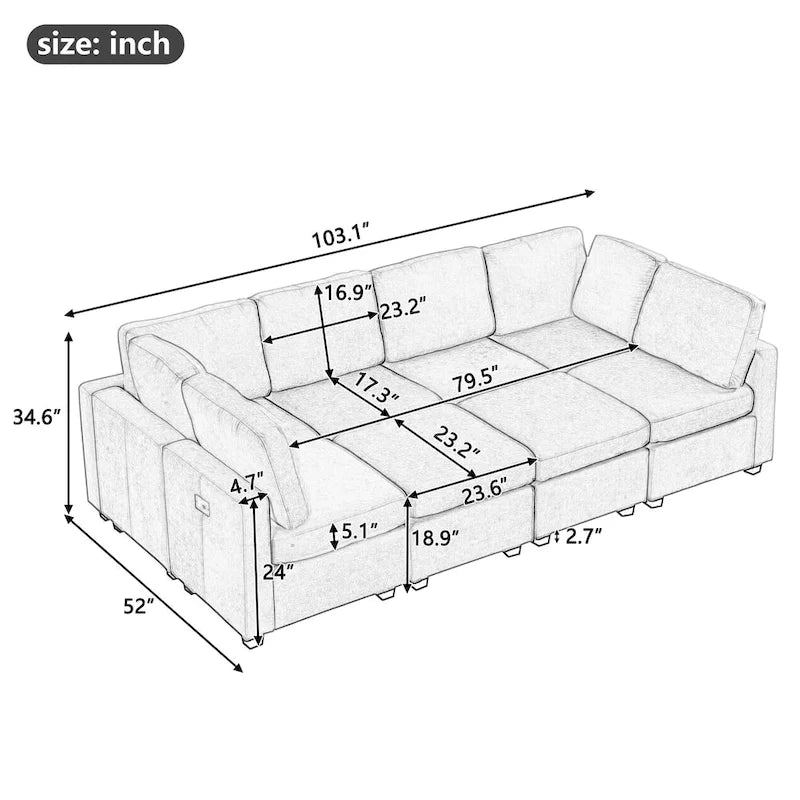 Canapé d'angle 103 places avec deux poufs mobiles et trois ports USB