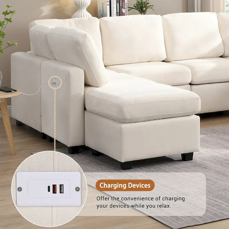 Canapé d'angle 103 places avec deux poufs mobiles et trois ports USB