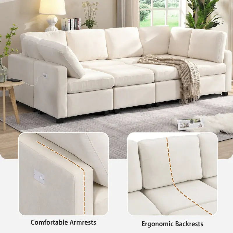 Canapé d'angle 103 places avec deux poufs mobiles et trois ports USB