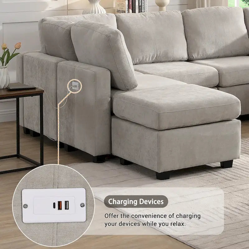 Canapé d'angle 103 places avec deux poufs mobiles et trois ports USB