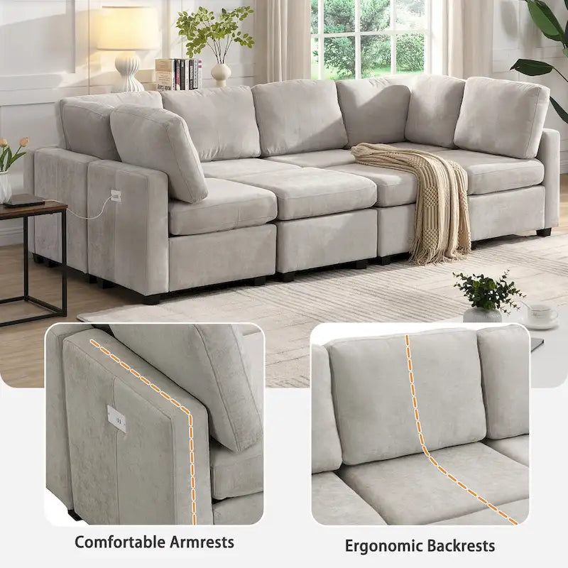 Canapé d'angle 103 places avec deux poufs mobiles et trois ports USB