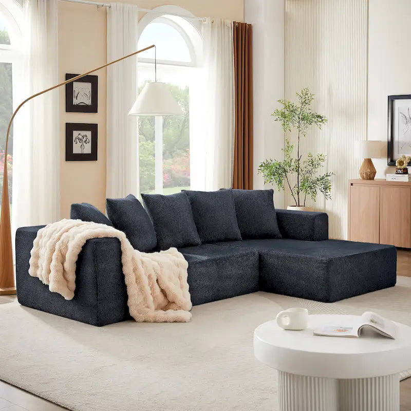 Divano sezionale modulare a L a destra in ciniglia Cloud Blu 105.2, 2 pezzi combinazione libera