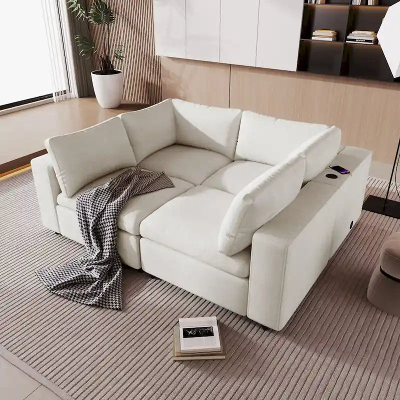 Divano sezionale modulare a 4 posti imbottito beige con ricarica wireless