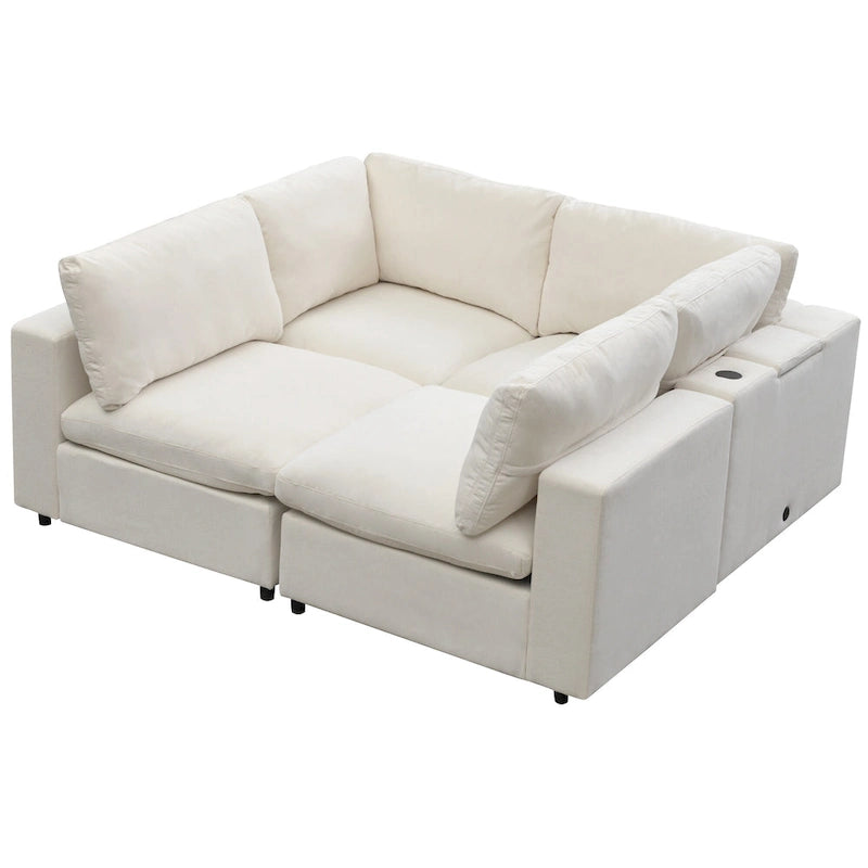 Divano sezionale modulare a 4 posti imbottito beige con ricarica wireless