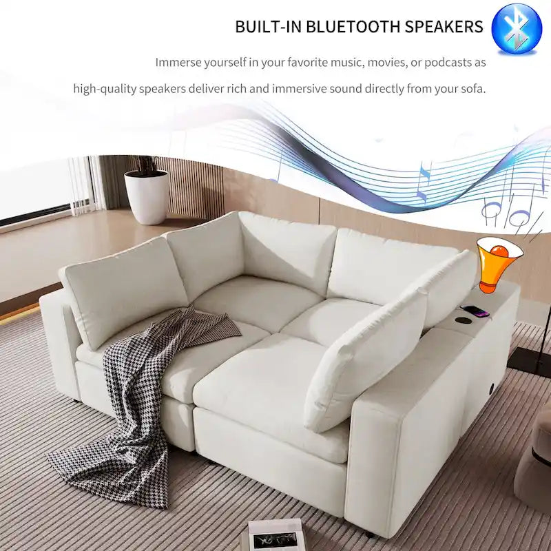 Divano sezionale modulare a 4 posti imbottito beige con ricarica wireless