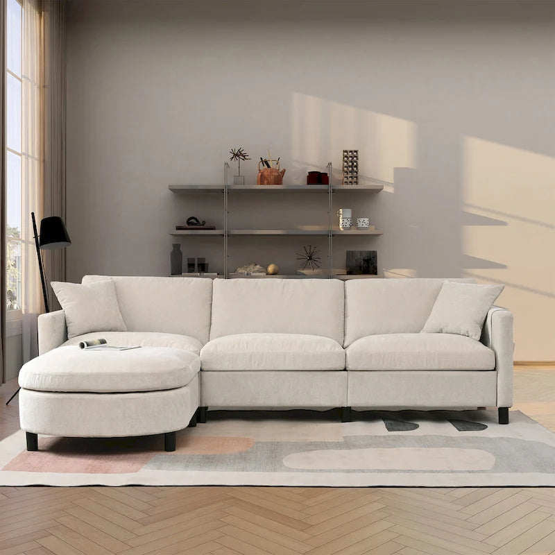 Divano a 4 Posti Spazioso Beige 107.87 con Pouf Movibile