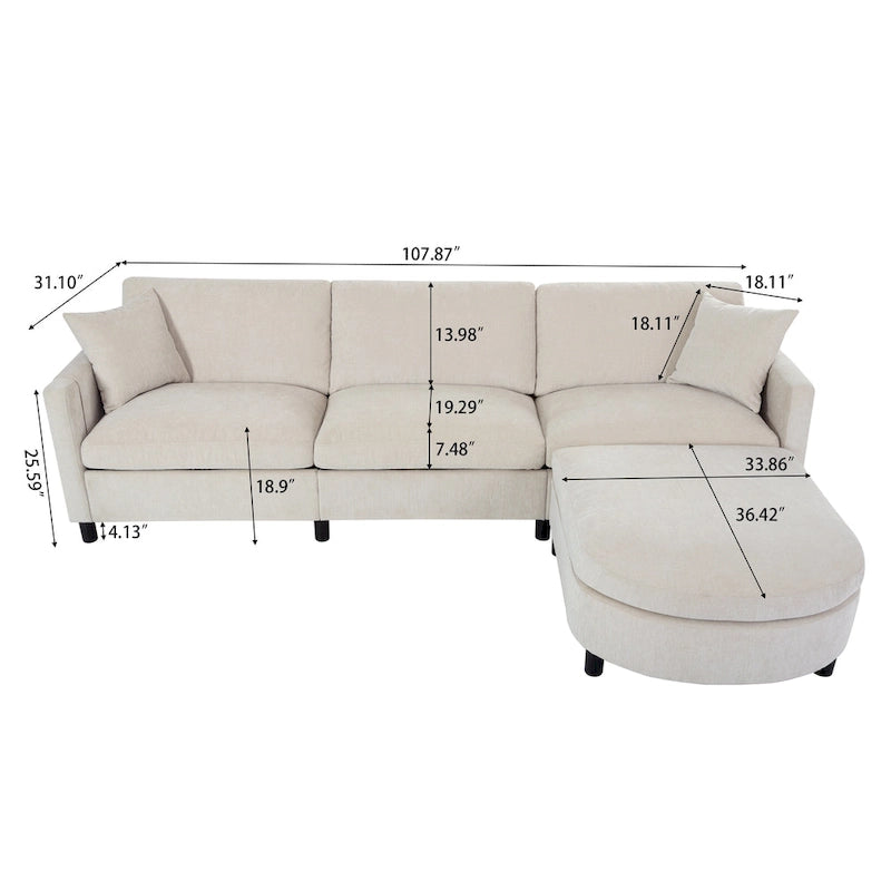 Divano a 4 Posti Spazioso Beige 107.87 con Pouf Movibile