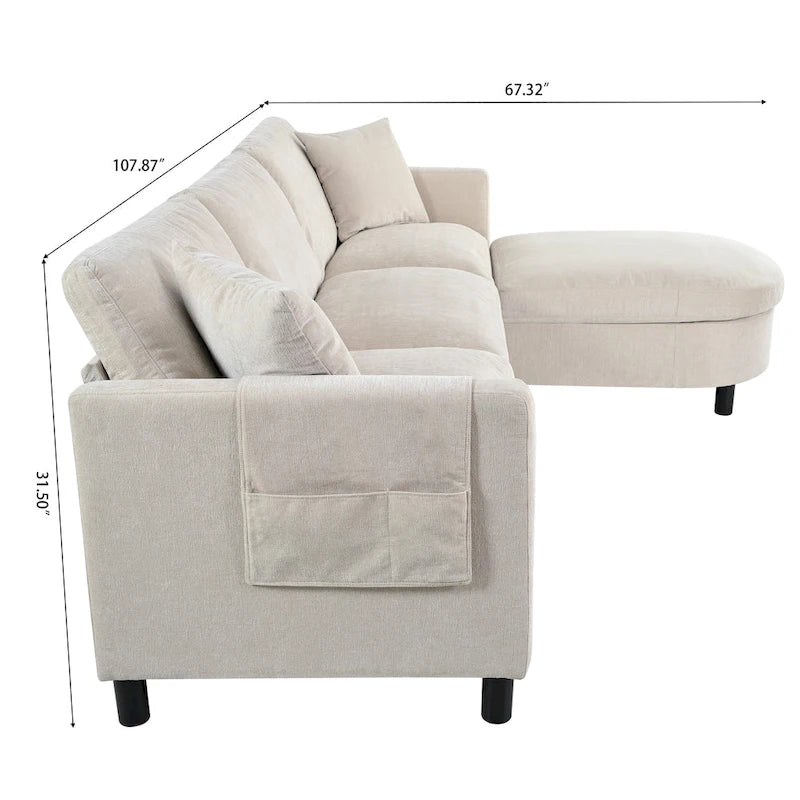 Divano a 4 Posti Spazioso Beige 107.87 con Pouf Movibile