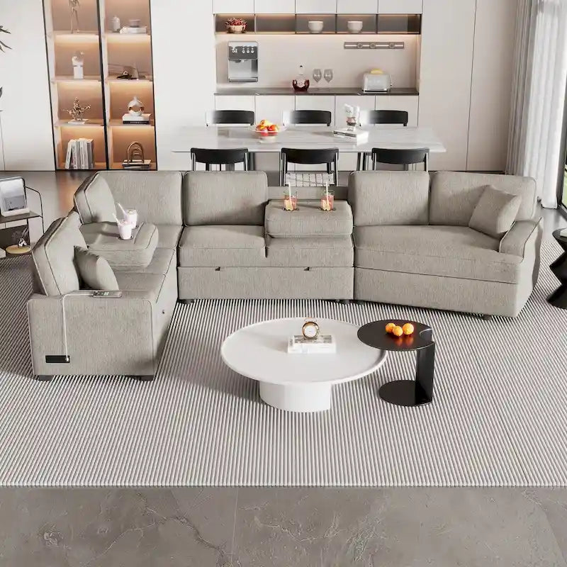 Canapé d'angle en forme de L 126" Canapé convertible avec chargeurs et porte-gobelets pour salon, Beige