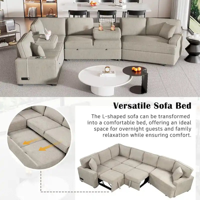 Canapé d'angle en forme de L 126" Canapé convertible avec chargeurs et porte-gobelets pour salon, Beige