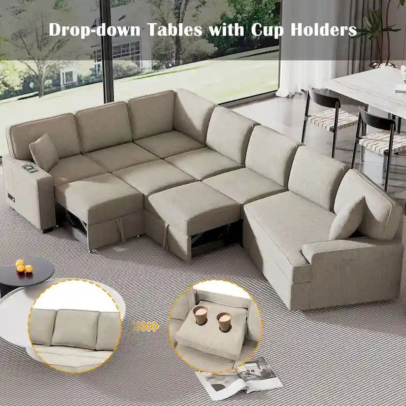 Canapé d'angle en forme de L 126" Canapé convertible avec chargeurs et porte-gobelets pour salon, Beige