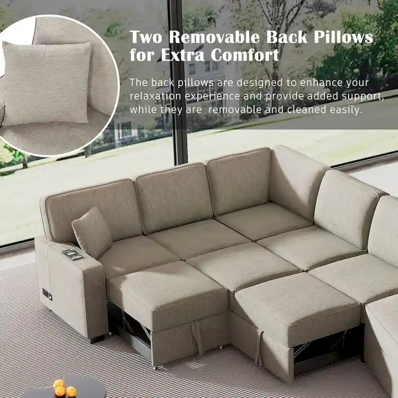Canapé d'angle en forme de L 126" Canapé convertible avec chargeurs et porte-gobelets pour salon, Beige