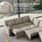 Canapé d'angle en forme de L 126" Canapé convertible avec chargeurs et porte-gobelets pour salon, Beige