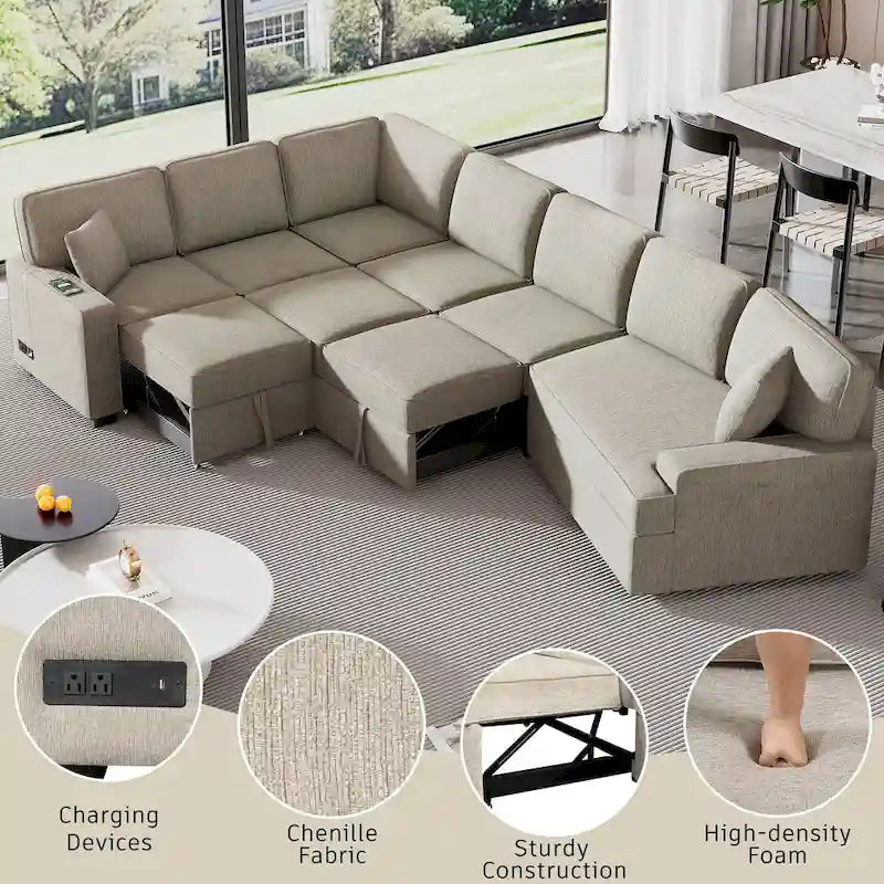 Canapé d'angle en forme de L 126" Canapé convertible avec chargeurs et porte-gobelets pour salon, Beige