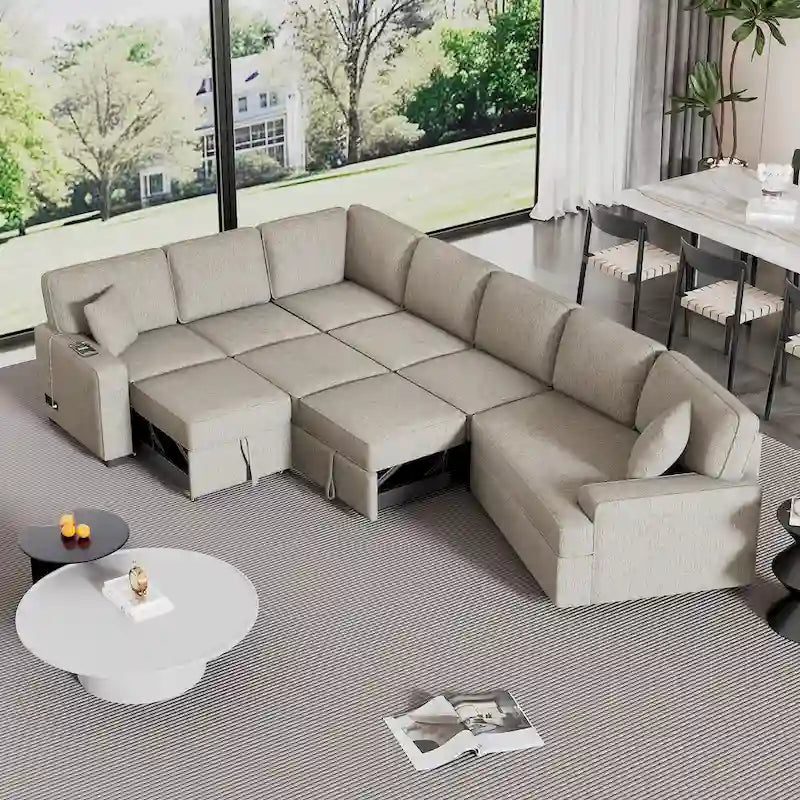 Canapé d'angle en forme de L 126" Canapé convertible avec chargeurs et porte-gobelets pour salon, Beige