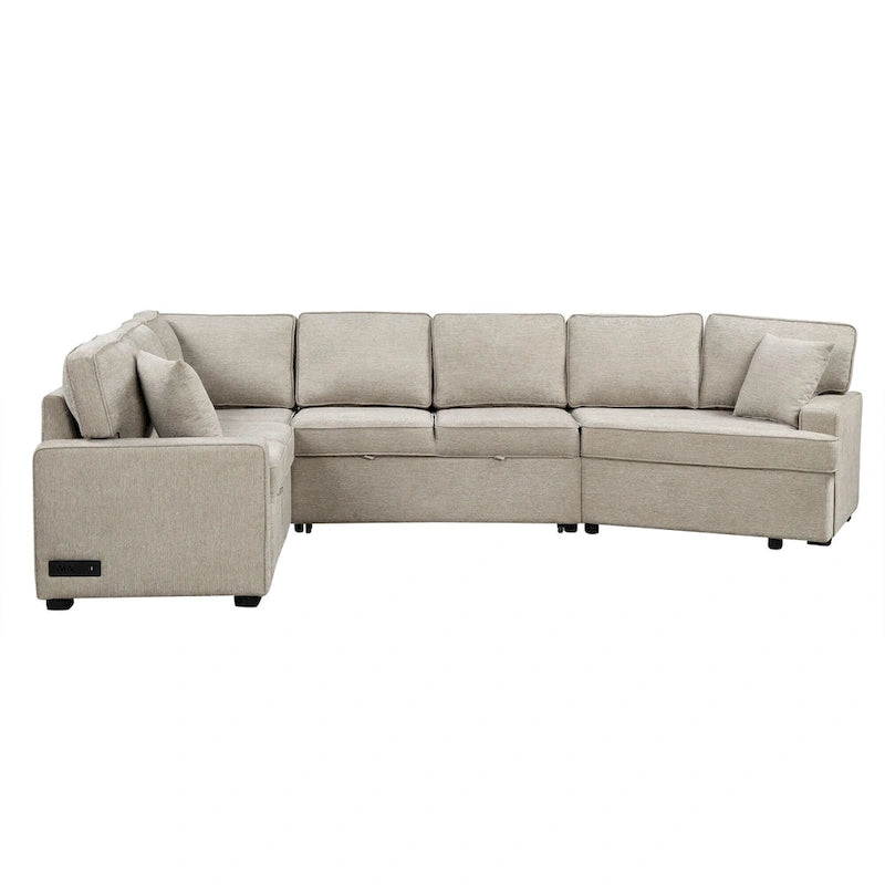 Canapé d'angle en forme de L 126" Canapé convertible avec chargeurs et porte-gobelets pour salon, Beige