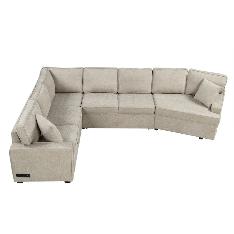 Canapé d'angle en forme de L 126" Canapé convertible avec chargeurs et porte-gobelets pour salon, Beige